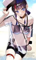 Rule 34 | 1girl, bare shoulders, baseball cap, bikini, bikini under clothes, black bikini, black hair, black shorts, blue eyes, blush, breasts, choker, collarbone, fate/grand order, fate (series), hat, highres, kabosoi mangaka, looking at viewer, low twintails, medium breasts, medium hair, multicolored hair, off-shoulder shirt, off shoulder, pink hair, see-through clothes, shirt, short shorts, short sleeves, short twintails, shorts, sidelocks, solo, streaked hair, swimsuit, thigh strap, thighs, twintails, utsumi erice, utsumi erice (swimsuit avenger) (first ascension), white hat, white shirt