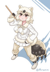 1girl :&lt; animal_ears bear_ears bear_girl bear_tail black_gloves black_hair blush boots bow bowtie brown_eyes coat extra_ears fur_collar fur_trim gloves hair_between_eyes highres kemono_friends long_sleeves metamimi multicolored_hair pantyhose paw_stick polar_bear_(kemono_friends) short_hair sidelocks solo tail two-tone_gloves two-tone_hair white_boots white_bow white_bowtie white_fur white_gloves white_hair white_pantyhose winter_clothes winter_coat