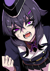 1girl absurdres anger_vein angry black_background black_eyeliner black_eyeshadow black_hat black_skirt blue_archive blue_hair blue_jacket breasts clenched_hand collared_shirt commentary_request crossed_bangs eyeliner eyeshadow furrowed_brow hair_between_eyes hair_ornament hairclip hand_up haruka_(blue_archive) hat highres jacket long_hair makeup medium_breasts nagainegi open_mouth pleated_skirt red_shirt shirt simple_background skirt solo uneven_eyes