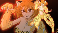 1girl animal_ears animal_hands blonde_hair blush breasts brown_eyes cat_ears cat_tail cheetah_girl cleavage fangs highres killing_bites looking_at_viewer medium_breasts multiple_views nakanishi_eruza navel open_mouth pawpads saboikku short_hair smile strapless tail tube_top