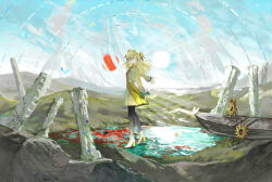 2girls absurdres black_pantyhose blonde_hair boat boots chinese_commentary commentary_request dress dual_persona expressionless flower full_body hair_flower hair_ornament high_heel_boots high_heels highres isekaijoucho kamitsubaki_studio long_hair looking_at_viewer multiple_girls pantyhose sky sunflower water watercraft ye_yuan_yao