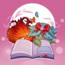 Rule 34 | :d, blue butterfly, blue eyes, blue flower, blush, boingsetta, book, bookmark, border, bow, brooch, bug, butterfly, chinese commentary, colored sclera, commentary request, cross-eyed, fern, flower, heart, inferno (plants vs. zombies), insect, jewelry, leaf, looking at another, no humans, no mouth, nose blush, open book, open mouth, orange sclera, outside border, pink border, plant, plant focus, plants vs. zombies, plants vs. zombies 2, red bow, red butterfly, round border, simple background, smile, star brooch, veghia, white background, white eyes