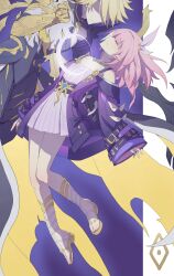 Rule 34 | 1boy, 1girl, absurdres, black pants, black wings, blonde hair, blood, blood from mouth, breasts, chinese commentary, closed mouth, coat, commentary request, cyrene (honkai: star rail), dress, elf, hair ornament, handaoruanci, highres, holding, holding staff, honkai: star rail, honkai (series), jewelry, medium hair, necklace, pants, phainon (honkai: star rail), pink hair, pointy ears, purple coat, sandals, small breasts, staff, white dress, wings, yellow hands