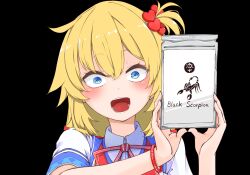1girl akai_haato akai_haato_(1st_costume) black_background blonde_hair blue_eyes blush hair_ornament heart heart_hair_ornament highres hololive kuuneru514 long_hair looking_at_viewer one_side_up open_mouth shirt solo virtual_youtuber white_shirt