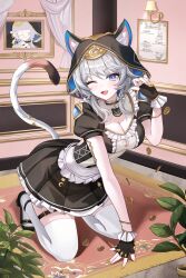 1girl absurdres alternate_costume animal_ear_fluff animal_ears belt black_dress black_gloves blue_eyes borii bow braid breasts cat_ears cat_girl cat_tail cipher_(honkai:_star_rail) cleavage commentary dress enmaided fingerless_gloves gloves grey_hair hair_bow highres honkai:_star_rail honkai_(series) hood hood_up hooded_dress kneeling large_breasts leaning_forward looking_at_viewer maid mole mole_on_breast nail_polish on_floor one_eye_closed open_mouth puffy_short_sleeves puffy_sleeves short_sleeves skindentation solo tail thigh_belt thigh_strap thighhighs white_bow white_thighhighs yellow_nails
