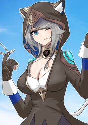 1girl ;) absurdres animal_ear_fluff animal_ears animal_hood black_gloves black_leotard blue_eyes blue_sky breasts cat_ears cat_girl cat_hood cat_tail cipher_(honkai:_star_rail) cleavage commentary fingerless_gloves gloves grey_hair highres honkai:_star_rail honkai_(series) hood hooded_leotard large_breasts leotard looking_at_viewer mole mole_on_breast one_eye_closed sky smile solo tail waist_(chem5772)