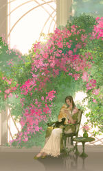 1girl animal black_cat black_hair book cat closed_eyes closed_mouth dappled_sunlight dress flower full_body highres holding holding_animal holding_cat ibuki_satsuki indoors long_hair on_chair original parted_bangs pink_flower pink_rose rose shadow sidelocks sitting smile solo sunlight table vase white_dress window