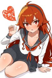 1girl absurdres arm_support blush breasts cleavage collarbone commentary_request eris_greyrat grey_hairband grey_sailor_collar grey_skirt hair_between_eyes hairband heart highres leaning_forward long_hair long_sleeves looking_at_viewer medium_breasts mushoku_tensei neckerchief parted_lips pleated_skirt red_eyes red_hair red_neckerchief sailor_collar school_uniform serafuku shirt sidelocks simple_background sitting skirt solo translation_request white_background white_shirt yoshikirino