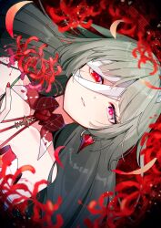 1girl absurdres collarbone commentary earrings fingernails flower grey_hair highres jewelry long_hair looking_at_viewer loose_bandages nail_polish parted_lips phrolova_(wuthering_waves) portrait red_eyes red_nails sideways smile solo spider_lily twitter_username usako_(usako1031) wuthering_waves
