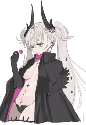 1girl absurdres bikini black_choker breasts candy cape choker cleavage collared_cape cowboy_shot crotch demon_girl demon_horns fate/grand_order fate_(series) floating_hair food highres horns kaigan0211 leaning_back lilith_(fate) lilith_(second_ascension)_(fate) lollipop long_hair nude pubic_tattoo sideboob simple_background small_breasts solo swimsuit tattoo twintails upper_body white_background white_hair
