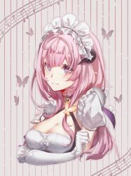 1girl blue_eyes breasts butterfly_hair_ornament cleavage commentary_request cropped_torso elysia_(honkai_impact) elysia_(miss_pink)_(honkai_impact) elysia_(miss_pink_elf)_(honkai_impact) fake_horns gloves hair_ornament highres honkai_(series) honkai_impact_3rd horns large_breasts long_hair maid maid_headdress musical_note official_alternate_costume pink_hair solo white_gloves zirancike