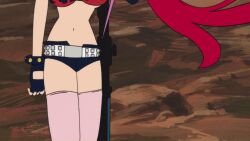 1girl animated animated_gif anime_screenshot bikini bouncing_breasts breasts fingerless_gloves gainaxing gloves gun hair_ornament la large_breasts non-web_source outdoors red_hair rifle scarf skull_hair_ornament sniper_rifle solo sunglasses swimsuit tengen_toppa_gurren_lagann thighhighs thighs walking weapon yoko_littner