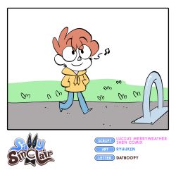 1boy artist_name blue_pants border brown_hair closed_mouth commentary english_commentary grass hands_in_pockets highres hood hood_down hoodie long_sleeves male_focus merryweather musical_note original pants ryuuxin shen_comix short_hair smile solo walking white_background white_border yellow_hoodie