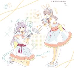 !? 2girls :d ^_^ animal_ears animification arrow_(symbol) artist_name blunt_bangs blush cat cat_ears cat_tail cerise_bouquet closed_eyes commentary dated drawn_ears drawn_tail dress english_text frilled_dress frilled_gloves frills full_body fur-trimmed_dress fur_trim gloves grin hairband hanamiya_nina hashtag high_heels highres holding holding_microphone jewelry kneeling link!_like!_love_live! looking_at_viewer love_live! marriage_proposal microphone multiple_girls nirei_nozomi obi obijime official_alternate_costume open_mouth orange_sash rabbit rabbit_ears rabbit_tail real_life ring sash shoes signature single-shoulder_dress smile spoken_interrobang suisai_sekai symbol-only_commentary tail voice_actor wedding_ring white_background white_dress white_gloves white_hairband white_shoes woodonly yuri