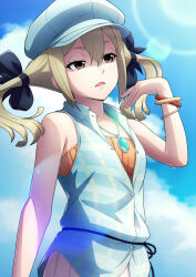 1girl bare_shoulders black_bow black_ribbon blonde_hair blue_jacket blue_sky blue_vest blurry bokeh bow breasts buttons casual checkered_clothes checkered_jacket cloud cloudy_sky collarbone depth_of_field dress fanning_face fanning_self from_below from_side hair_bow hair_ribbon highres jacket jewelry koujiro_frau looking_up multiple_hair_bows necklace open_collar open_mouth orange_dress partially_unbuttoned pleated_dress ribbon robotics;notes sidelocks sky sleeveless sleeveless_jacket small_breasts standing summer sunlight sweat taba_neruko tongue twintails vest yellow_eyes