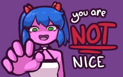 1girl 4chan black_collar blue_hair bow bury_pink_gril collar collarbone colored_skin drawfag dress english_text green_eyes hair_bow jaggy_lines looking_at_viewer meme open_mouth outstretched_hand pink_skin purple_background reaching reaching_towards_viewer red_bow shaded_face simple_background smile solo text_focus twintails upper_body white_dress