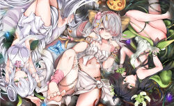 3girls ahoge ankle_ribbon armpit_crease armpits arms_up bare_shoulders black_hair blue_butterfly blush breasts bug butterfly cleavage closed_mouth collarbone dress duel_monster flower front-tie_top green_eyes green_flower hair_flower hair_ornament hair_over_one_eye hand_under_leg insect jewelry kuromiko_shoujo large_breasts leg_ribbon long_hair looking_at_viewer lying midriff monster_girl multiple_girls navel neck_flower on_back orange_eyes pink_flower plant_girl ribbon sarong sleeveless smile strapless thighlet traptrix_genlisea traptrix_pinguicula traptrix_vesiculo tube_top very_long_hair white_dress white_hair white_tube_top wristband yu-gi-oh!