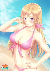 Rule 34 | arm up, beach, bikini, blonde hair, blue sky, blush, breasts, cleavage, cloud, collarbone, copyright logo, day, hand on own hip, highres, large breasts, long hair, looking at viewer, nakiri erina, navel, ocean, outdoors, parted lips, pink bikini, purple eyes, redlynx, shokugeki no souma, sky, stomach, swimsuit, very long hair, water