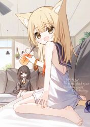 2girls :d animal_ears backless_dress backless_outfit barefoot black_jacket black_sailor_collar blonde_hair blue_bow bow brown_eyes cat_ears cat_girl cat_tail commentary_request couch cup day disposable_cup dress drinking_straw english_text hair_between_eyes holding holding_cup indoors jacket multiple_girls on_couch one_side_up open_clothes open_jacket open_mouth original pink_hair sailor_collar sailor_dress shiho_(yuuhagi_(amaretto-no-natsu)) signature sitting sleeveless sleeveless_dress smile solo_focus tail tail_bow tail_ornament waka_(yuuhagi_(amaretto-no-natsu)) wariza watermark white_dress window yuuhagi_(amaretto-no-natsu)