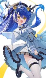 Rule 34 | 1girl, absurdres, ahoge, amamiya kokoro, angel wings, arm up, bell, beret, blue hair, blush, dress, fang, hair bell, hair between eyes, hair ornament, hair ribbon, happy, hat, highres, jingle bell, jumping, looking at viewer, mini wings, nijisanji, open mouth, ribbon, sidelocks, skin fang, thighhighs, tsukimori mochi, two-tone background, two side up, virtual youtuber, white thighhighs, wind, wings, x hair ornament, yellow eyes
