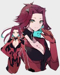 1girl absurdres biker_clothes bikesuit bodysuit breasts brown_eyes cleavage closed_mouth gloves helmet highres holding holding_helmet izayoi_aki looking_at_viewer multiple_views red_bodysuit red_gloves red_hair smile teketeke_(tasutekete) unworn_headwear unworn_helmet white_background yu-gi-oh! yu-gi-oh!_5d&#039;s