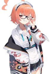 1girl adjusting_eyewear ahoge artist_request black-framed_eyewear black_nails blue_archive braid floral_print floral_print_jacket glasses hairband huge_ahoge jacket maid_headdress mole mole_under_eye neru_(blue_archive) nosuke_(cya_ko0) off-shoulder_jacket off_shoulder one_eye_closed open_clothes open_jacket orange_hair red_eyes shirt short_hair side_braid skirt sleeves_past_wrists smile solo standing sukajan white_background white_shirt wink