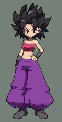 Rule 34 | 1girl, absurdres, arm guards, baggy pants, big hair, black eyes, black hair, black shoes, caulifla, dragon ball, dragon ball super, hand on own hip, highres, midriff, navel, niyuyu00, pants, parody, pink tube top, purple pants, saiyan, shantae (series), shoes, smile, spiked hair, strapless, style parody, tube top