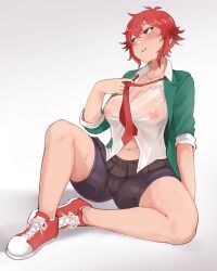 1girl absurdres aizawa_tomo arm_at_side bellfonts bike_shorts blush breasts cameltoe clothes_grab collared_shirt covered_erect_nipples full_body green_jacket hair_between_eyes hand_up head_tilt highres hot jacket knee_up large_breasts looking_to_the_side microskirt navel necktie necktie_grab neckwear_grab nipples no_bra open_clothes open_jacket parted_lips red_eyes red_hair see-through_clothes see-through_shirt shirt shoes short_hair sitting skirt solo stomach sweat tomboy tomo-chan_wa_onna_no_ko wet wet_clothes wet_shirt white_shirt wing_collar