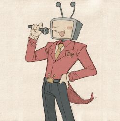 1boy :d ant_tenna belt belt_buckle black_belt black_pants blush_stickers buckle coat commentary cowboy_shot deltarune english_commentary gloves hand_on_own_hip highres holding holding_microphone male_focus microphone necktie object_head open_mouth pants pointy_nose red_coat shirt smile solo szivarvanyturmix02 tailcoat white_gloves white_shirt yellow_necktie