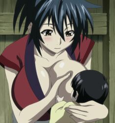 2girls anime_screenshot baby black_hair blue_hair blush breast_sucking breastfeeding breasts cleavage female_focus highres hoods_entertainment japanese_clothes kimono ninja large_breasts manyuu_chifusa manyuu_hikenchou multiple_girls red_kimono stitched tagme takagi_jun third-party_edit upper_body yellow_eyes