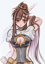 Rule 34 | 1girl, 1hp club, absurdres, belt, brown hair, capelet, cleavage cutout, clenched hand, clothing cutout, colored inner hair, commentary, elfboiii, flustered, frown, genderswap, genderswap (mtf), green eyes, hair ornament, hair over shoulder, high ponytail, highres, holding, holding behind back, holding sword, holding sword behind back, holding weapon, holding weapon behind back, long hair, multicolored hair, pointy ears, ponytail, scar, scar across eye, scar on face, side cutout, solaire (1hp club), solo, sun print, sword, symbol-only commentary, upper body, very long hair, weapon, white capelet