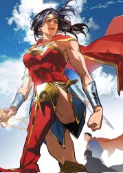 1girl 2boys batman black_hair blue_eyes bodysuit boots bracer cape chamsut0905 circlet clenched_hand cloud dc_comics gem highres holding_lasso justice_league lasso lasso_of_truth mask multiple_boys muscular muscular_female red_cape skirt smile solo_focus strapless superhero_costume superman sword toned toned_female weapon wonder_woman