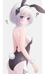 1girl absurdres animal_ears bare_shoulders black_bow black_bowtie black_hairband black_leotard blush bow bowtie breasts cevio closed_mouth collar collarbone commentary_request detached_collar ears_down fake_animal_ears hairband highres kafu_(cevio) kamitsubaki_studio leotard long_hair looking_at_viewer playboy_bunny rabbit_ears rabbit_tail sirotuki_ito small_breasts solo strapless strapless_leotard tail white_background white_collar white_hair wing_collar wrist_cuffs