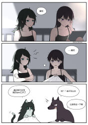 2girls absurdres ahoge animal_ears animalization bang_dream! bang_dream!_it&#039;s_mygo!!!!! black_camisole black_hair blue_eyes camisole cat_ears chinese_commentary chinese_text closed_mouth commentary_request dog highres holding holding_tablet_pc long_hair multiple_girls pout purple_eyes rankaku shiina_taki stylus tablet_pc translation_request yahata_umiri
