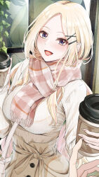 1girl 1other absurdres alternate_costume blonde_hair bracelet breasts brown_nails brown_skirt checkered_clothes checkered_scarf cup disposable_coffee_cup disposable_cup enpera gakuen_idolmaster hair_ornament hairclip heart heart_in_eye highres holding holding_cup idolmaster ivy izuminnu jewelry juo_sena long_hair long_sleeves looking_at_viewer medium_breasts multicolored_hair open_mouth parted_bangs pearl_bracelet pink_hair pink_scarf pov purple_eyes ribbed_sweater scarf skirt smile streaked_hair sweater symbol_in_eye upper_body white_sweater x_hair_ornament