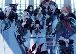 4girls 6+boys arlecchino_(genshin_impact) black_eyes black_gloves black_hair black_helmet blonde_hair blue_eyes blue_hair blunt_ends brown_hair capitano_(genshin_impact) closed_eyes closed_mouth coat columbina_(genshin_impact) delusion_(genshin_impact) dottore_(genshin_impact) dress earrings eyeshadow eyewear_strap faceless faceless_male facial_hair fatui_coat fur-trimmed_coat fur_trim genshin_impact glasses gloves hair_between_eyes hair_ornament helmet highres hiki_yuichi holding holding_scythe holding_sword holding_weapon japanese_clothes jewelry long_hair looking_at_viewer makeup mask mask_on_head multicolored_hair multiple_boys multiple_girls orange_hair pantalone_(genshin_impact) pierro_(genshin_impact) pink_hair pulcinella_(genshin_impact) purple_eyes purple_hair red_eyeshadow red_lips red_pupils red_scarf ribbon sandrone_(genshin_impact) scaramouche_(genshin_impact) scarf scythe shirt short_hair short_hair_with_long_locks shorts signora_(genshin_impact) snow streaked_hair sword symbol-shaped_pupils tartaglia_(genshin_impact) two-tone_hair weapon white_coat white_dress white_hair white_mask x-shaped_pupils