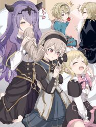 +++ 2boys 3girls :t =_= ^^^ absurdres aged_down apple black_hairband blonde_hair bow braid braided_hair_rings camilla_(fire_emblem) camilla_(young_beauty)_(fire_emblem) closed_eyes commentary_request corrin_(female)_(fire_emblem) corrin_(female)_(young_kinship)_(fire_emblem) corrin_(fire_emblem) elise_(fire_emblem) elise_(sparkling_smile)_(fire_emblem) fire_emblem fire_emblem_fates fire_emblem_heroes food fruit grey_hair hair_rings hairband heart highres horns indoors leo_(fire_emblem_fates) leo_(young_sprout)_(fire_emblem_fates) long_hair multiple_boys multiple_girls nenemu0 nintendo official_alternate_costume official_alternate_hairstyle open_mouth outline pink_bow pout purple_hair red_eyes sitting smelling smelling_hair sweat tiara tying_another&#039;s_hair white_outline xander_(fire_emblem) xander_(focused_firstborn)_(fire_emblem) yawning
