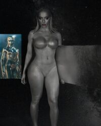 1girl bodypaint breasts comparison cosplay curvy fantastic_four grey_hair highres holding holding_surfboard long_hair makeup marvel marvel_cinematic_universe medium_breasts missbrisolo navel parted_lips photo_(medium) real_life revealing_clothes shiny_skin silver_surfer_(shalla-bal) silver_surfer_(shalla-bal)_(cosplay) surfboard wide_hips