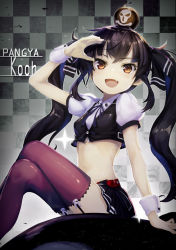 1girl :d arm_up black_hair blush bomb breasts brown_eyes checkered_background cropped_shirt cropped_vest crossed_legs explosive fang female_focus garter_straps kooh long_hair looking_at_viewer midriff miniskirt minutachi open_mouth pangya puffy_short_sleeves puffy_sleeves purple_thighhighs revision short_sleeves sitting skirt small_breasts smile solo thighhighs twintails very_long_hair vest wrist_cuffs zettai_ryouiki