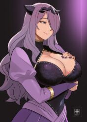 1girl alternate_costume arm_under_breasts breasts camilla_(fire_emblem) cleavage cleavage_cutout closed_mouth clothing_cutout dress fire_emblem fire_emblem_fates hair_ornament hair_over_one_eye hand_on_own_chest highres ihsnet large_breasts long_hair long_sleeves nail_polish nintendo purple_eyes purple_hair purple_shirt shirt simple_background smile solo tiara upper_body very_long_hair wavy_hair
