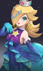 1girl absurdres blonde_hair blue_dress blue_eyes crown dress earrings gonzarez highres jewelry mario_(series) mario_kart mario_kart_tour nintendo open_mouth rosalina rosalina_(aurora) solo