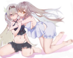 2girls absurdres bare_arms barefoot black_hairband black_skirt bloomers breasts brown_eyes brown_hair cleavage closed_mouth feng_ruoli_321 firefly_(honkai:_star_rail) grey_hair hair_between_eyes hair_ornament hairband hand_on_another&#039;s_arm highleg highres honkai:_star_rail honkai_(series) hug kneeling large_breasts lingerie long_hair looking_at_another multiple_girls navel one_eye_closed pink_eyes sideboob simple_background sitting skirt smile stelle_(honkai:_star_rail) stomach tongue tongue_out trailblazer_(honkai:_star_rail) underwear wariza white_background white_bloomers yuri