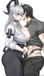 1boy 1girl absurdres arm_pouch black_choker black_hair black_horns black_pants black_pouch black_tail blush breasts choker closed_mouth cluhob collared_shirt commentary curled_horns demon_tail from_side grey_hair grey_shirt hand_on_another&#039;s_crotch high-waist_pants highres horns large_breasts long_hair male_rover_(wuthering_waves) mole mole_on_breast nipples open_fly pants red_eyes rover_(wuthering_waves) shirt shirt_tucked_in simple_background sweat tail tail_wrap tight_clothes tight_pants toned toned_male white_background white_shirt wuthering_waves zani_(wuthering_waves)