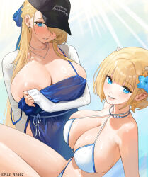 Rule 34 | 2girls, absurdres, areola slip, arm under breasts, artist name, bikini, black hat, blonde hair, blue dress, blue eyes, blue flower, blush, breasts, brown dust (series), brown dust 2, cleavage, dress, earrings, flower, hair flower, hair ornament, hair over one eye, hat, highres, huge breasts, jewelry, justia (brown dust), justia (hot summer dream) (brown dust), large areolae, long hair, long sleeves, looking at viewer, multiple girls, necklace, nhaliz, official alternate costume, peaked cap, shirt, short hair, skindentation, sleeves past wrists, smile, sweat, swimsuit, thighs, white bikini, white shirt, wilhelmina (brown dust)