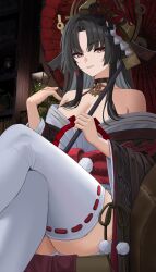 1girl bare_shoulders black_hair crossed_legs gaitoou hair_ornament highres hotori_(neverness_to_everness) long_hair long_sleeves looking_at_viewer neverness_to_everness off_shoulder oil-paper_umbrella parted_bangs parted_lips red_eyes sitting smile solo thighhighs thighs umbrella white_thighhighs wide_sleeves