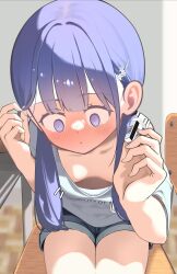 1girl adjusting_hair blue_eyes blue_shorts blush chair desk downblouse embarrassed eraser full-face_blush hair_ornament hayakawa_sena_(pei_iriya) highres holding indoors leaning_forward long_hair looking_down off_shoulder on_chair original pei_iriya purple_hair school_desk shirt shorts sitting solo twintails white_shirt