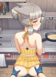 1boy 1girl alten alternate_costume alternate_hairstyle animal_ears ass blue_gloves blush bulge bulge_to_ass cat_ears clothes_lift commentary cooking dated_commentary dress dress_lift duplicate english_commentary facial_mark from_behind frying_pan gloves grabbing_another&#039;s_ass grey_hair grinding groping hair_ribbon hetero highres kitchen looking_at_viewer looking_back nia_(xenoblade) panties ponytail pov rex_(xenoblade) ribbon short_hair short_ponytail sink solo_focus stove underwear variant_set whisker_markings xenoblade_chronicles_(series) xenoblade_chronicles_2 yellow_eyes yellow_panties