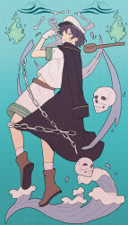 1girl absurdres anchor belt black_coat black_hair blue_background boots brown_belt brown_boots chain coat coat_on_shoulders full_body gloves hat highres hitodama ladle looking_at_viewer murasa_minamitsu sailor_hat shirt short_hair short_sleeves shorts skull socks solo thursyue touhou water waves white_gloves white_hat white_shirt white_shorts white_socks
