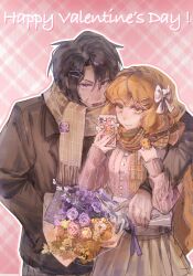 Rule 34 | 09gugugu, 1boy, 1girl, alternate costume, bouquet, bow, brown hair, brown hairband, brown jacket, fang, flower, freckles, hair bow, hair ornament, hairband, hairclip, happy valentine, heathcliff (project moon), highres, holding, holding phone, ishmael (project moon), jacket, limbus company, long hair, long sleeves, looking at viewer, open mouth, orange flower, orange hair, orange scarf, phone, pink background, pink flower, pink sweater, project moon, purple eyes, purple flower, scarf, short hair, simple background, skin fang, skirt, sweater, white bow, yellow scarf, yellow skirt