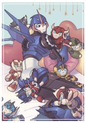 1girl arcee arcee_(prime) blue_eyes bulkhead bumblebee_(transformers) cliffjumper helmet highres holding holding_stuffed_toy horns humanoid_robot jijing5658 mechanical_wings no_humans optimus_prime ratchet_(transformers) robot robot_girl science_fiction smokescreen_(transformers) stuffed_toy transformers transformers_prime ultra_magnus wheeljack wings